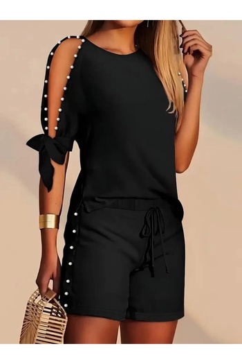 MODA Women's short sleeve crew neck half open shoulder pearl detailed short t-shirt viscose double set