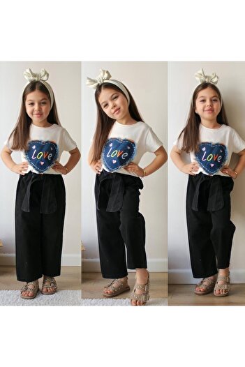 KOKOŞ BEBEK Girls' Love Printed T-Shirt and Black Pants Set (Age 3-10)