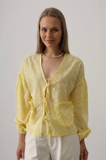 POLEXP Heart Detailed Laced Brode Blouse - Yellow