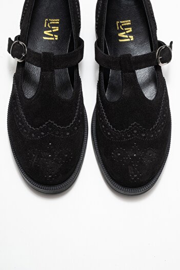 LuviShoes JANNEY Чорні замшеві жіночі лофери з ремінцем із натуральної шкіри