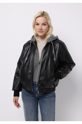 Colin's Regular Fit Hooded Zippered Lined Women's Black Coat Pu