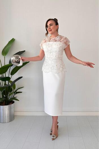 MaziButik Boncuk İşleme Tasarım Elbise Beyaz