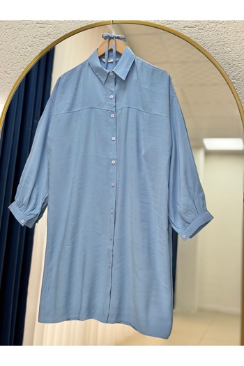 MİHRA STORE Miresia Lace-Up Long Modal Shirt-Pe261 Baby Blue