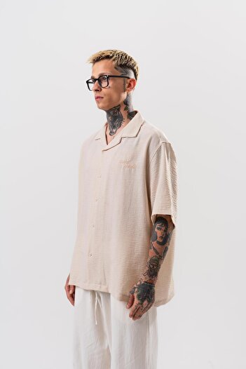 Respire Men's Star Embroidered Oversize Shirt Beige