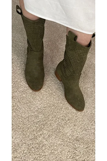 POTEEN Ptn Stelli Suede Short Heel Perforated Summer Boots-Khaki