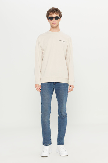 AC&Co / Altınyıldız Classics Erkek Bej 2 İplik Pamuklu Standart Fit Normal Kesim Rahat Biisklet Yaka Sweatshirt