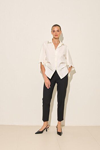Setre Ecru 100% Cotton Collar Stone and Sleeve Detailed Shirt