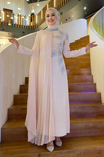Bym Fashion Taş Detaylı Pelerinli Elbise 3938 Taş