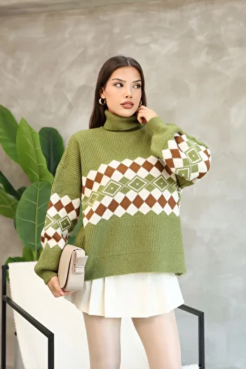 ALCHON Turtleneck Long Sleeve Ankle Elastic Loose Comfortable Wide Fit Argyle Jacquard Pattern Winter Knitwear Sweater