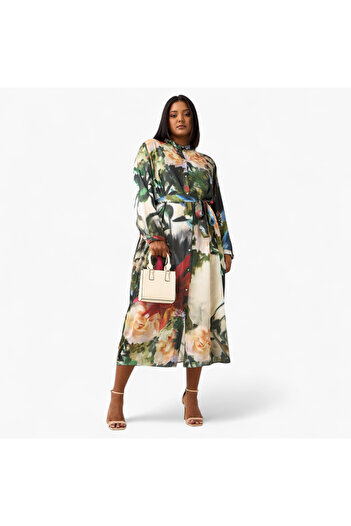 Ulla Popken Plus Size Ulla Popken All-Over Floral Print Shirt Dress with Tie-Up Belt