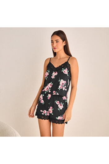 FAV Floral Print Shorts Set with Lace Trim