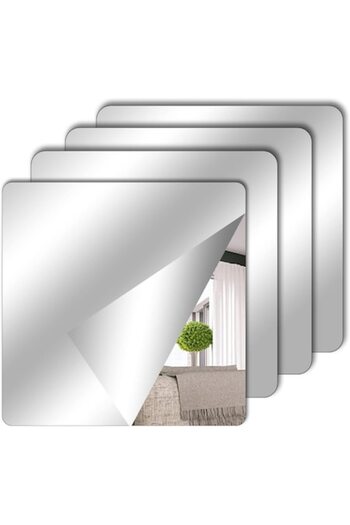 eZmart Set 4 Oglinzi Decorative Acrilice Autoadezive, Model Patrat, Argintiu, 15x15 cm,
