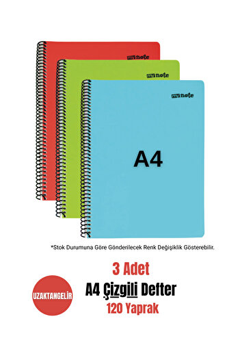 uzaktangelir Mynote A4 120 Sheets Spiral Plastic Cover Lined Notebook (3 Pieces)
