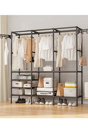 Taimi Metal Clothes Organizer Multi Functional Portable Wardrobe three Sections And Poles Clothes-Black
