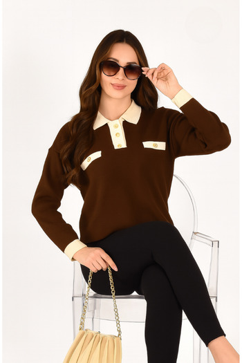 meday Clothing Brown Contrast Detailed Polo Neck Buttoned Knitwear Blouse