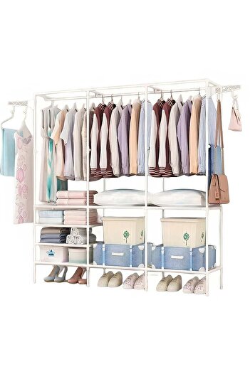Taimi Metal Clothes Organizer Multi Functional Portable Wardrobe three Sections And Poles Clothes-White