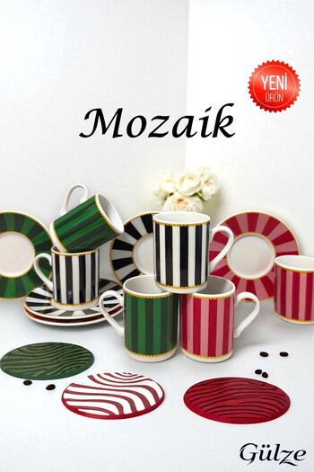 GÜLZE 6-Person (12 Piece) Mozai̇k Model Luxury Coffee Cup Set (Special Design, Pure Porcelain)