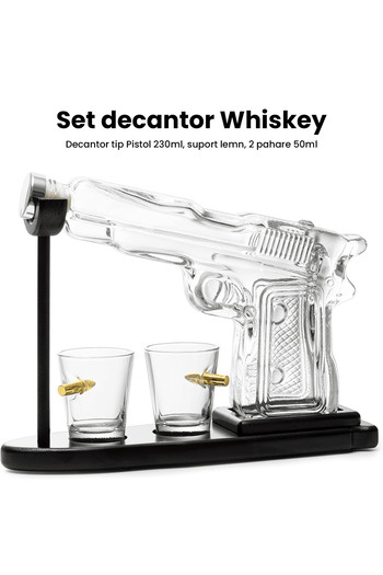 Elindor Whiskey Pistol Decanter Set 230 ml with 2 Glasses of 50 ml and Wooden Stand, Transparent
