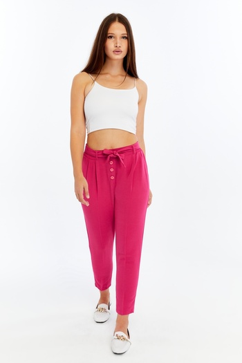 CHOS7N Women's High Waist Belted Relaxed Fit Pink Trousers – Button Detailed Casual & Stylish