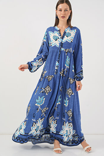 Merterium Women's Patterned Long Hijab Dress B.Blue 1155