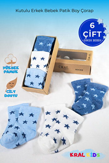 KRAL SOCKS 6 Pairs of Baby Boy Socks Boxed Booties Size – Star Patterned, Cotton