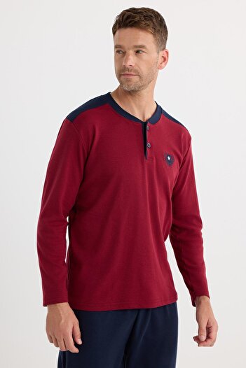 Tudors Men's Regular Fit Cotton Button Collar Elastic Waist Patterned Burgundy Pajama Set