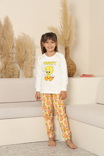 Zekalya Tweety Patterned Girl's Pajama Set - Ecru