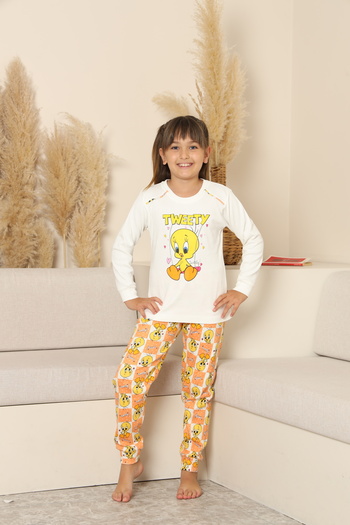 Zekalya Tweety Patterned Girl's Pajama Set - Ecru