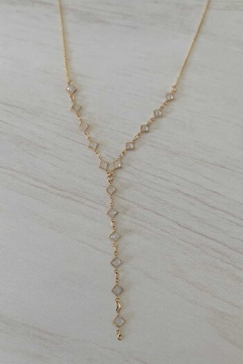 BESMYAR JEWELS Zirkon Taşlı Altın Renk Y Kolye | Şık ve Zarif Gece Elbisesi Takısı & Hediyelik Kolyeler