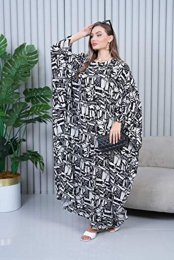 EL jadida Women's Patterned Plus Size Viscose Dress Black