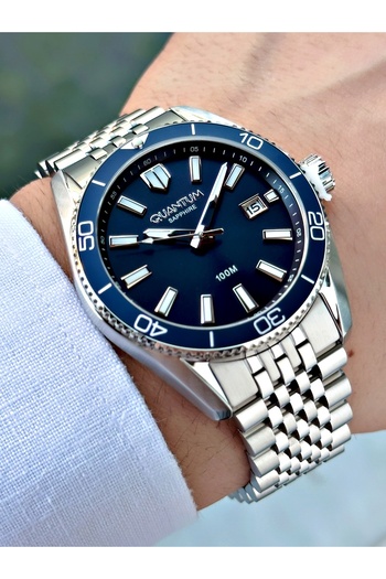 Quantum Silver-Navy Blue Color Sapphire Glass Steel Cord Steel Case Men's Wrist Watch with Calendar 1215.390Mr