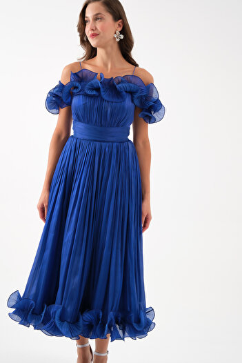 Lafaba Women's Saks Collar Detail Midi Evening Dress