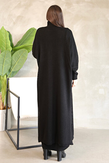 ALCHON Turtleneck Long Sleeve Ankle Length Solid Color Dress Hollowed Out Openwork Bat Sleeve Cardigan Knitwear Two-Piece Suit