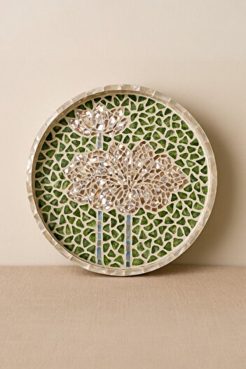 oceanpoint Mosaic Tray, Handmade Decorative & Serving Tray, Green Mosaic, 35 cm