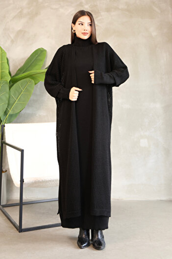 ALCHON Turtleneck Long Sleeve Ankle Length Solid Color Dress Hollowed Out Openwork Bat Sleeve Cardigan Knitwear Two-Piece Suit
