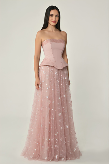 ALFABETA Strapless Skirt Sequined Tulle Long Evening Dress Alfa Beta