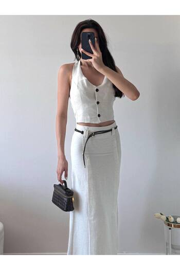 LOCH BUTİK Women's Leather Lacing Belt Buckle Double Skirt Suit