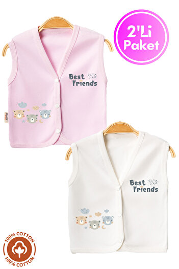 Miniel Unisex Baby Friends Teddy Bear Printed Organic Cotton 3-6-9 Months 2-Piece Combed Baby Vest Set