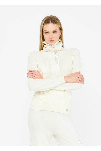 Liu Jo Women's Regular Fit Patterned High Neck Knitted Ecru Sweater Tf5039Ms75L-10103