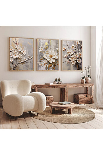 Dekorsiahome 3 Parça Ahşap Çerçeveli Oturma Odası Salon Mutfak Tablo Seti SET3397