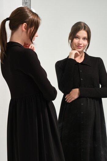 BUSA Maternity Shirt Collar Front Button Long Sleeve Midi Length Dress Black