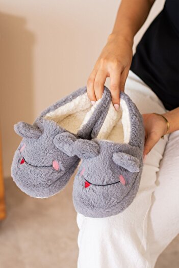 ALTUNTAŞ Winter Women's Home Shoes Slippers Booties Frog Figured Anti-Slip Sole Gray