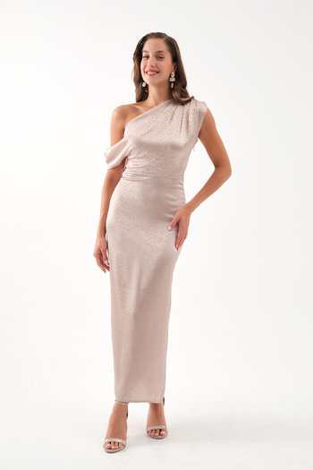 Lafaba Women's Beige Degaje Collar Patterned Midi Dress