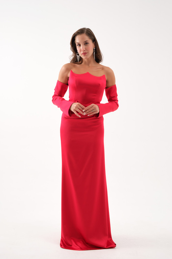Lafaba Women's Red Sleeve Detail Long Satin Fish Evening Dress