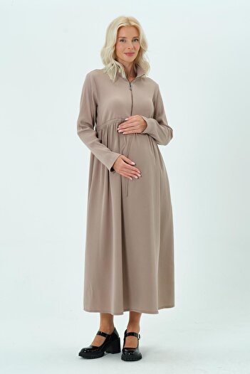 BUSA Maternity Waist Lace-Up Long Sleeve Midi Length Dress Mink