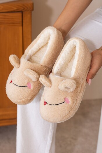 ALTUNTAŞ Winter Women's Home Shoes Slippers Booties Frog Figured Non-Slip Sole Beige