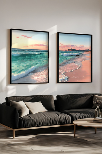 STARYUNA Set de pictură dublă cu efect de acuarelă, cu vedere la ocean, cu cadru din lemn negru, Yuna371