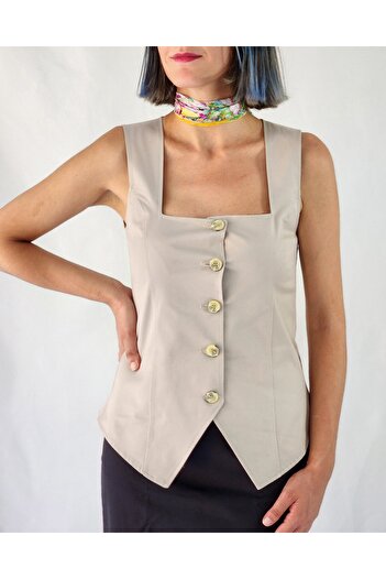 YAXİ Square Collar Unlined Beige Woven Vest