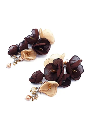 Corizmi Cercei lungi stil ciorchine cu flori din voal, perle si cristale, handmade, Latin Love