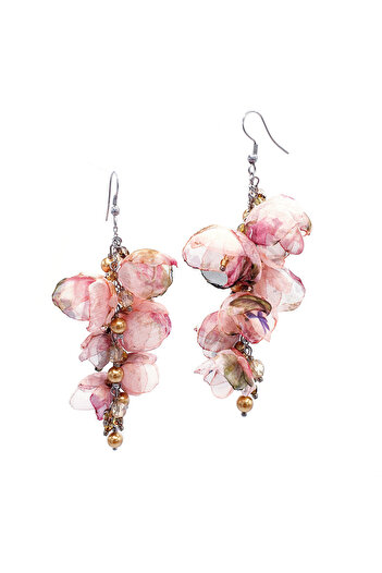Corizmi Long cluster earrings with veil flowers, pearls and crystals, handmade, Latin Love